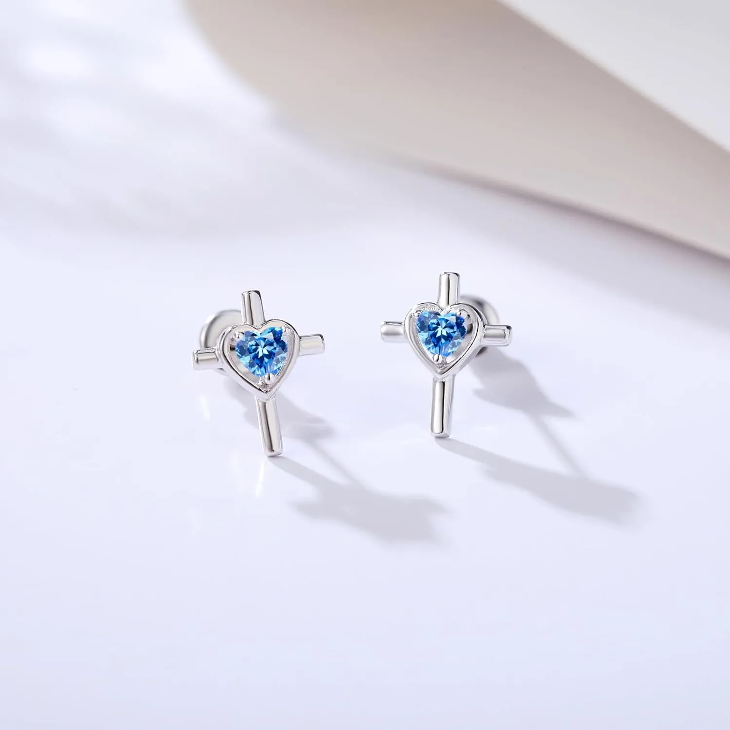 925 Sterling Silver Cross Earrings Screw Back with Heart CZ Hypoallergenic Stud Christian Religious Faith Jewelry Gifts