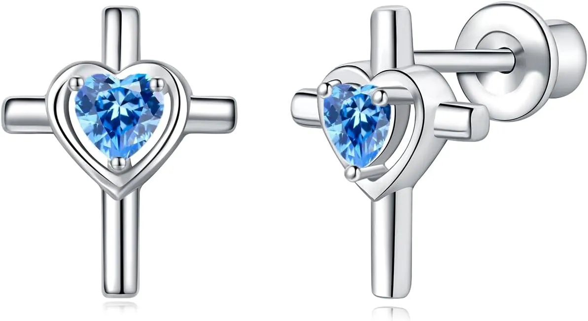 925 Sterling Silver Cross Earrings Screw Back with Heart CZ Hypoallergenic Stud Christian Religious Faith Jewelry Gifts