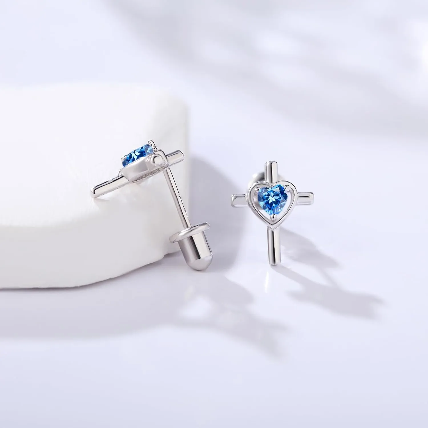 925 Sterling Silver Cross Earrings Screw Back with Heart CZ Hypoallergenic Stud Christian Religious Faith Jewelry Gifts