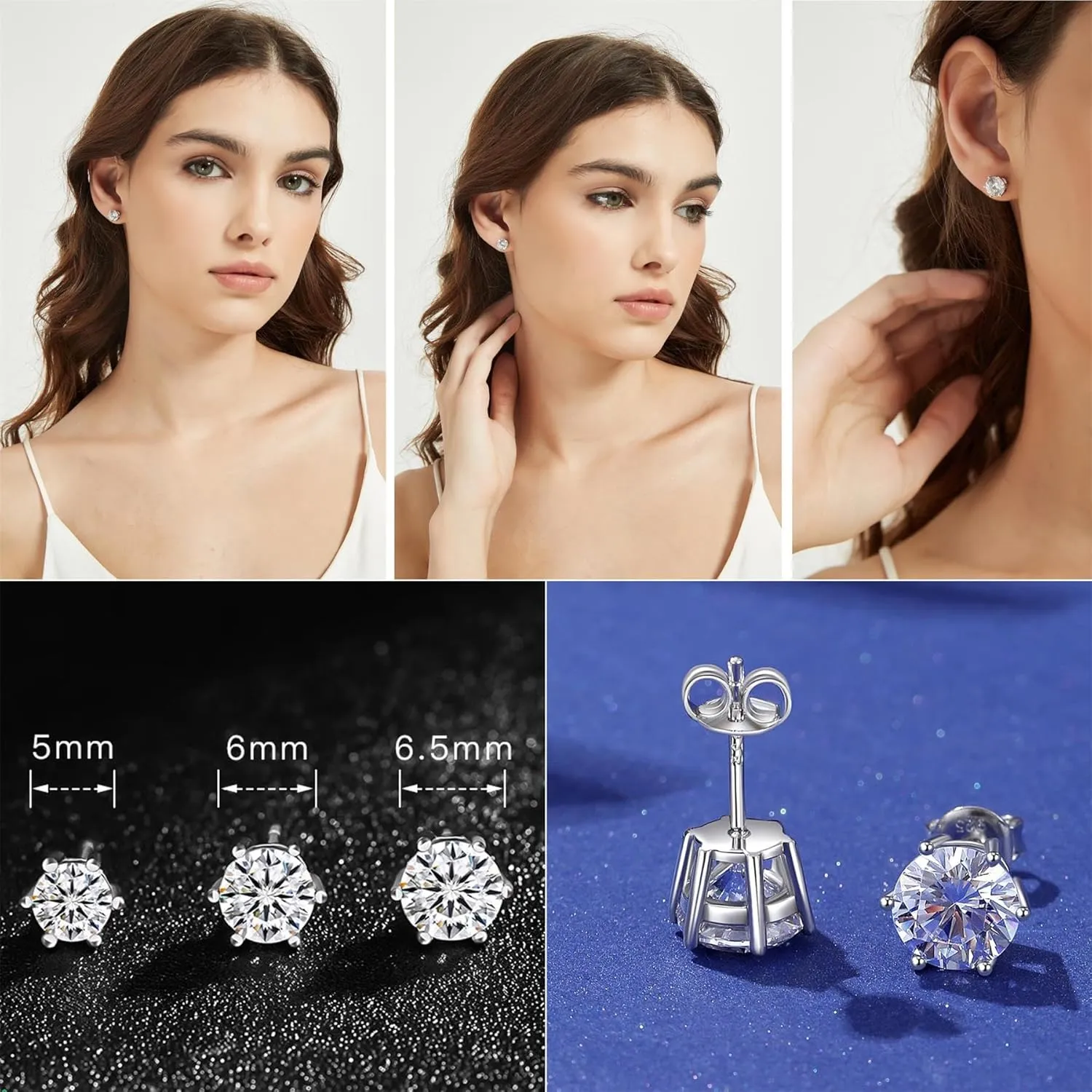 925 Sterling Silver CZ Stud Earrings for Women and Men | Round Brilliant Cut CZ Cubic Zirconia Hypoallergenic Silver Post Stud Earrings Nickel Free | 4mm-8mm Options