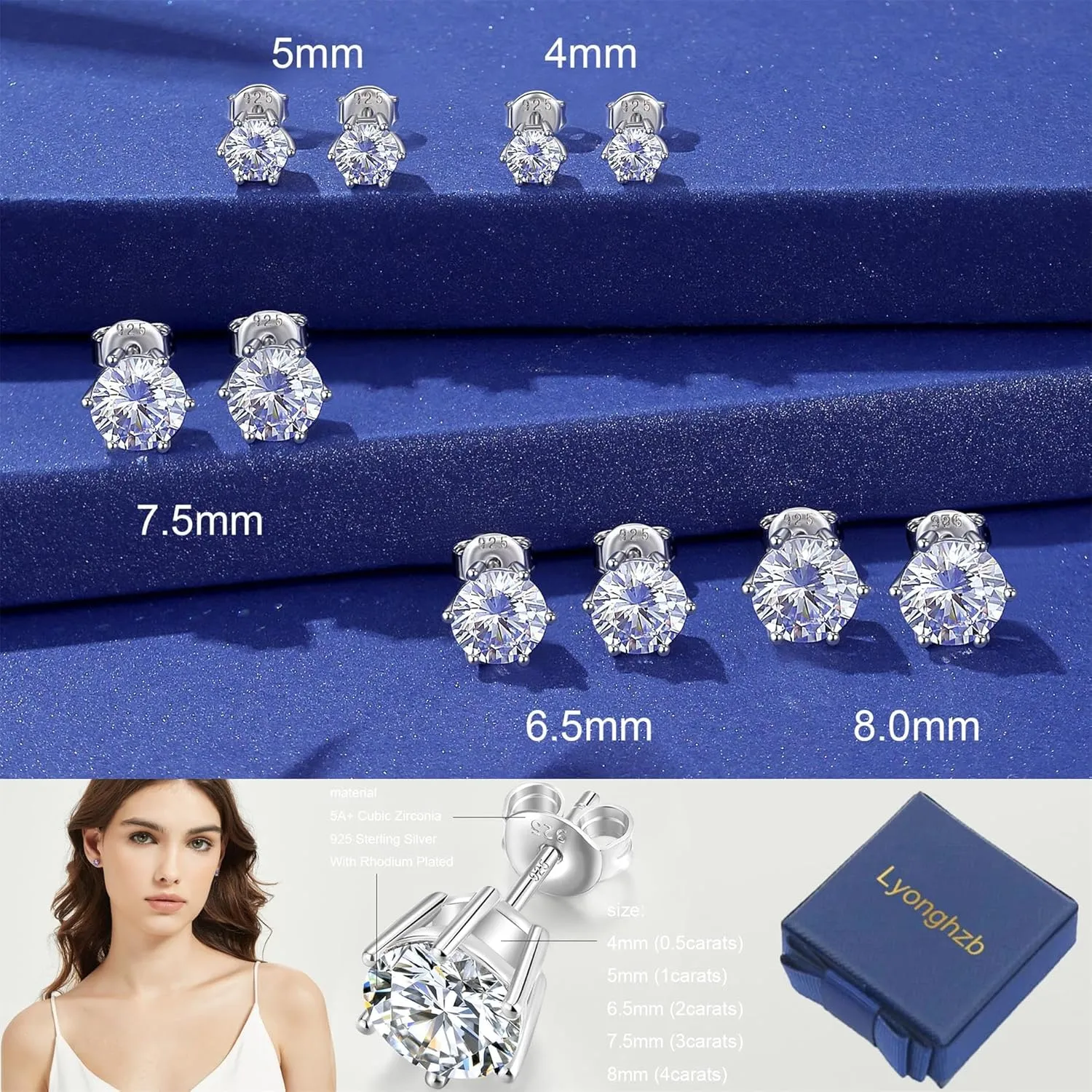 925 Sterling Silver CZ Stud Earrings for Women and Men | Round Brilliant Cut CZ Cubic Zirconia Hypoallergenic Silver Post Stud Earrings Nickel Free | 4mm-8mm Options
