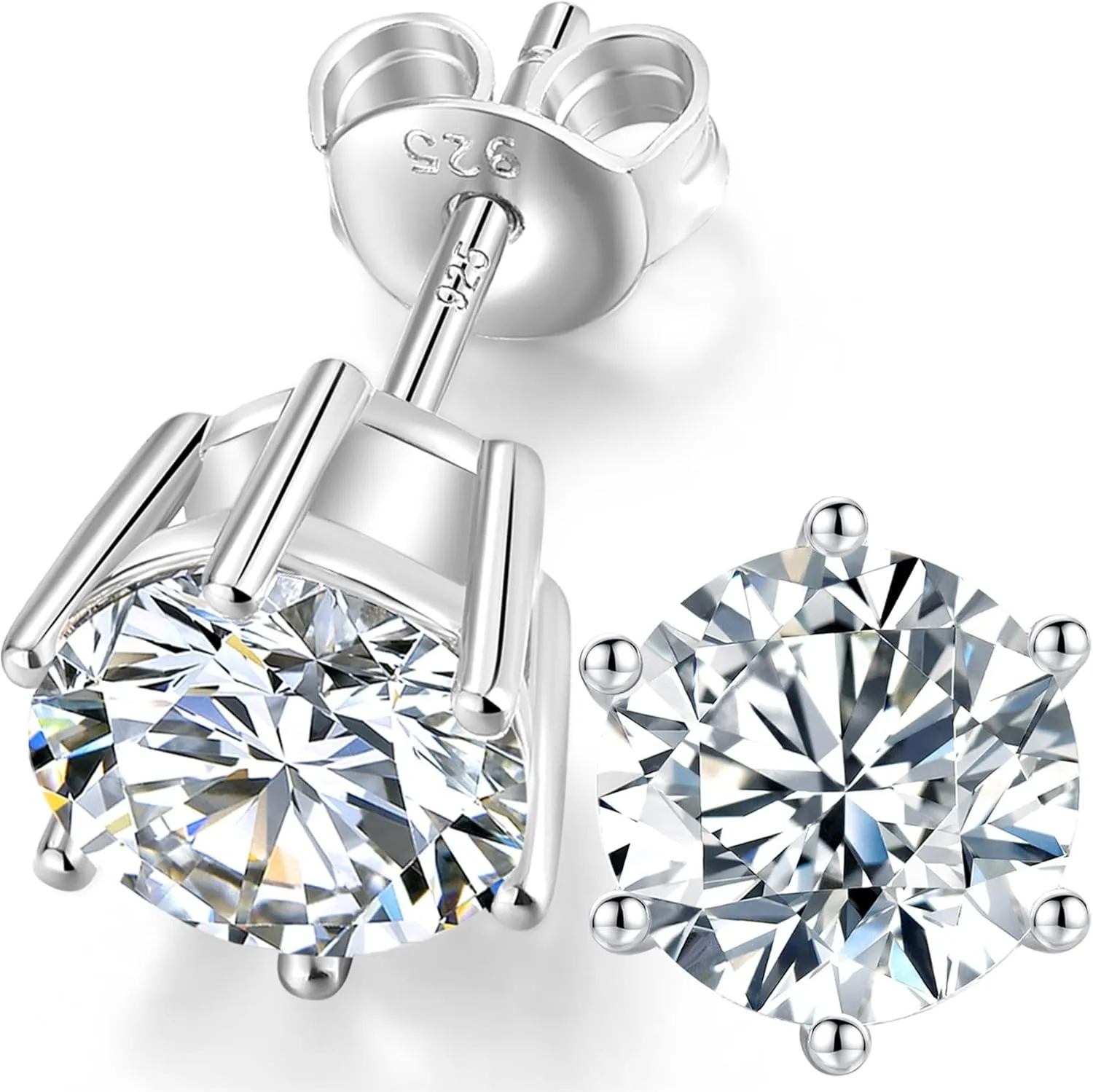 925 Sterling Silver CZ Stud Earrings for Women and Men | Round Brilliant Cut CZ Cubic Zirconia Hypoallergenic Silver Post Stud Earrings Nickel Free | 4mm-8mm Options