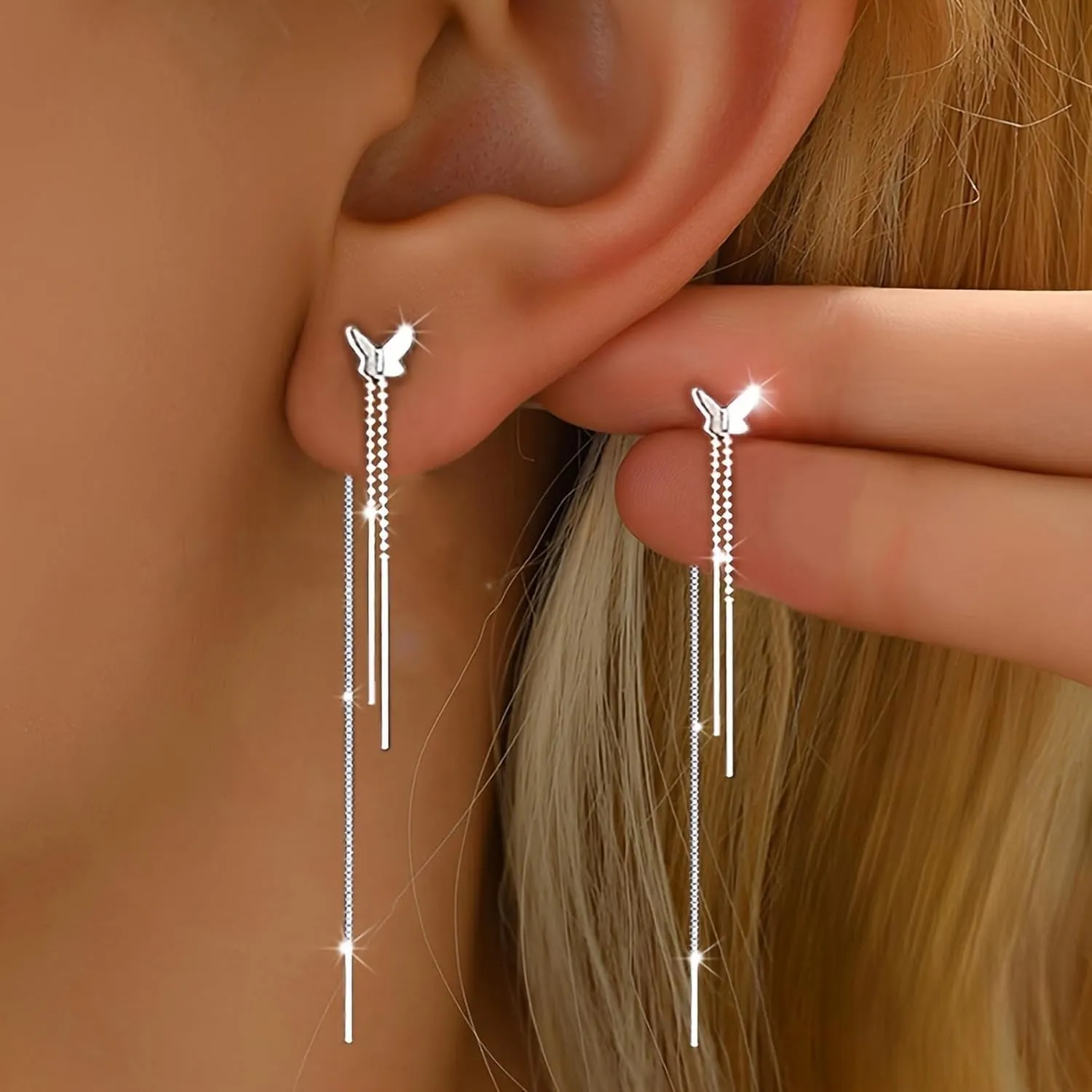 925 Sterling Silver Threader Tassel Chain Drop Dangle Earrings for Women 14k Gold Plated Sparkling Butterfly Birthstone Long Fringe Earring Bling Line Wedding Stud Earring Jewelry for Mom