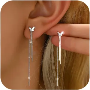 925 Sterling Silver Threader Tassel Chain Drop Dangle Earrings for Women 14k Gold Plated Sparkling Butterfly Birthstone Long Fringe Earring Bling Line Wedding Stud Earring Jewelry for Mom