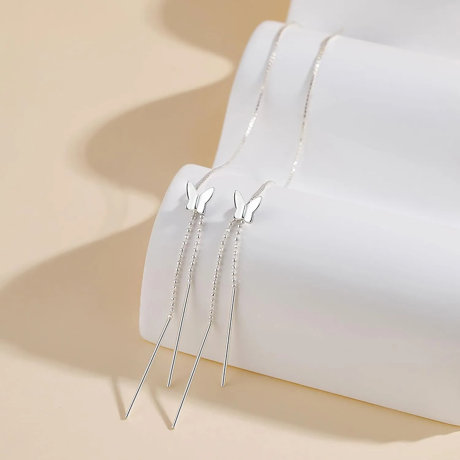925 Sterling Silver Threader Tassel Chain Drop Dangle Earrings for Women 14k Gold Plated Sparkling Butterfly Birthstone Long Fringe Earring Bling Line Wedding Stud Earring Jewelry for Mom