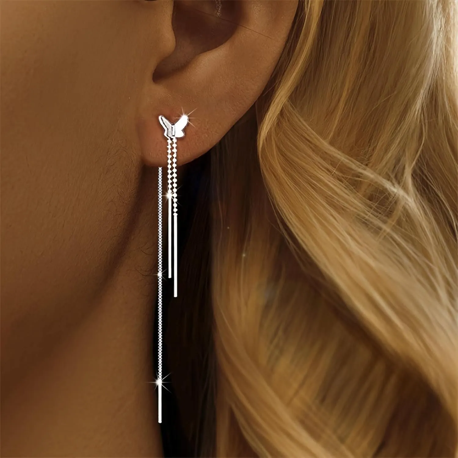 925 Sterling Silver Threader Tassel Chain Drop Dangle Earrings for Women 14k Gold Plated Sparkling Butterfly Birthstone Long Fringe Earring Bling Line Wedding Stud Earring Jewelry for Mom