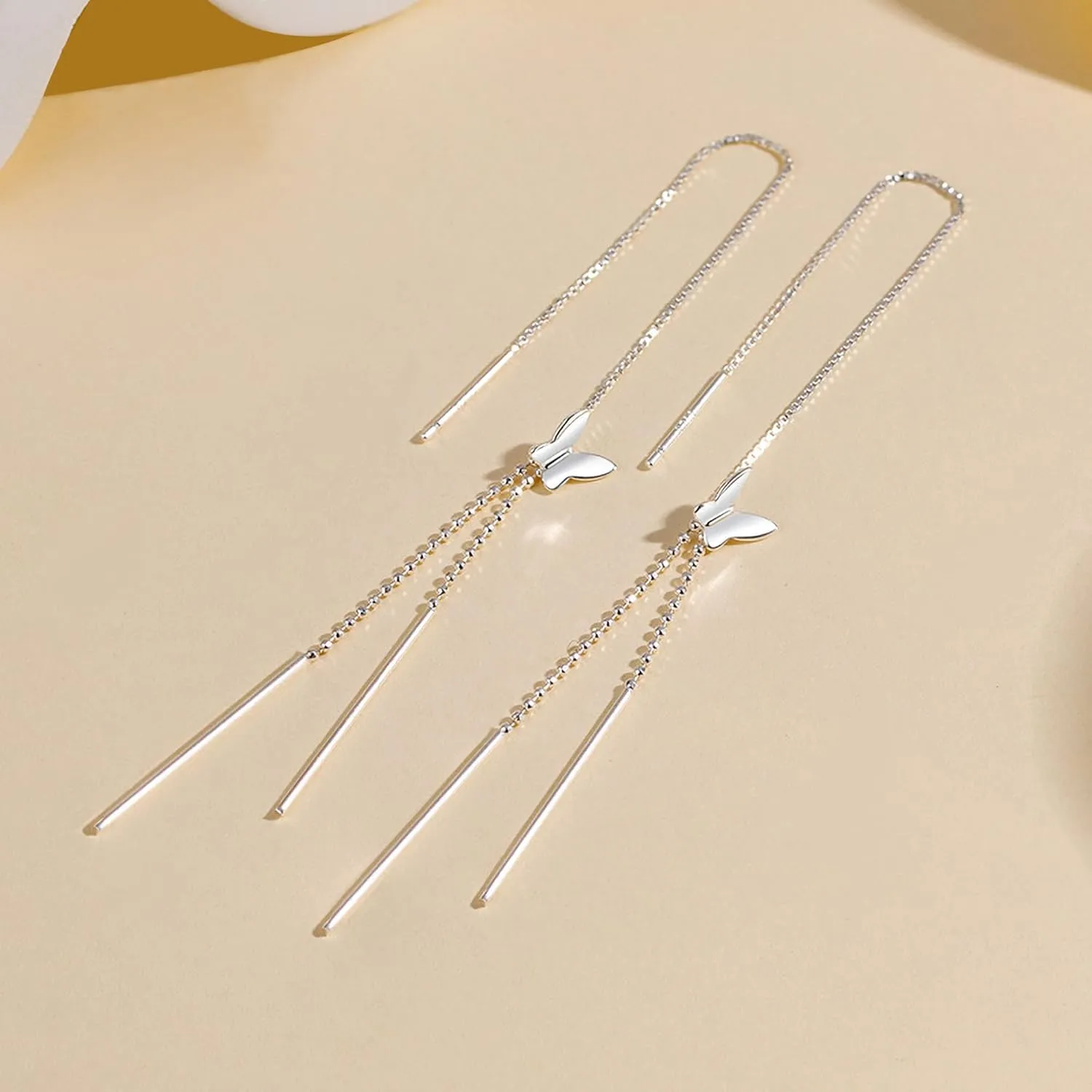925 Sterling Silver Threader Tassel Chain Drop Dangle Earrings for Women 14k Gold Plated Sparkling Butterfly Birthstone Long Fringe Earring Bling Line Wedding Stud Earring Jewelry for Mom