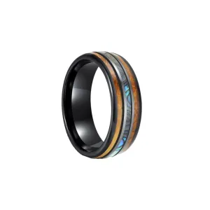 Abalone and Koa Wood Tungsten Rings for Men Tropical Mens Wedding Band Wood Inlay Unique 8mm Comfort Fit Wooden Black Ring Anniversary Gifts for Him