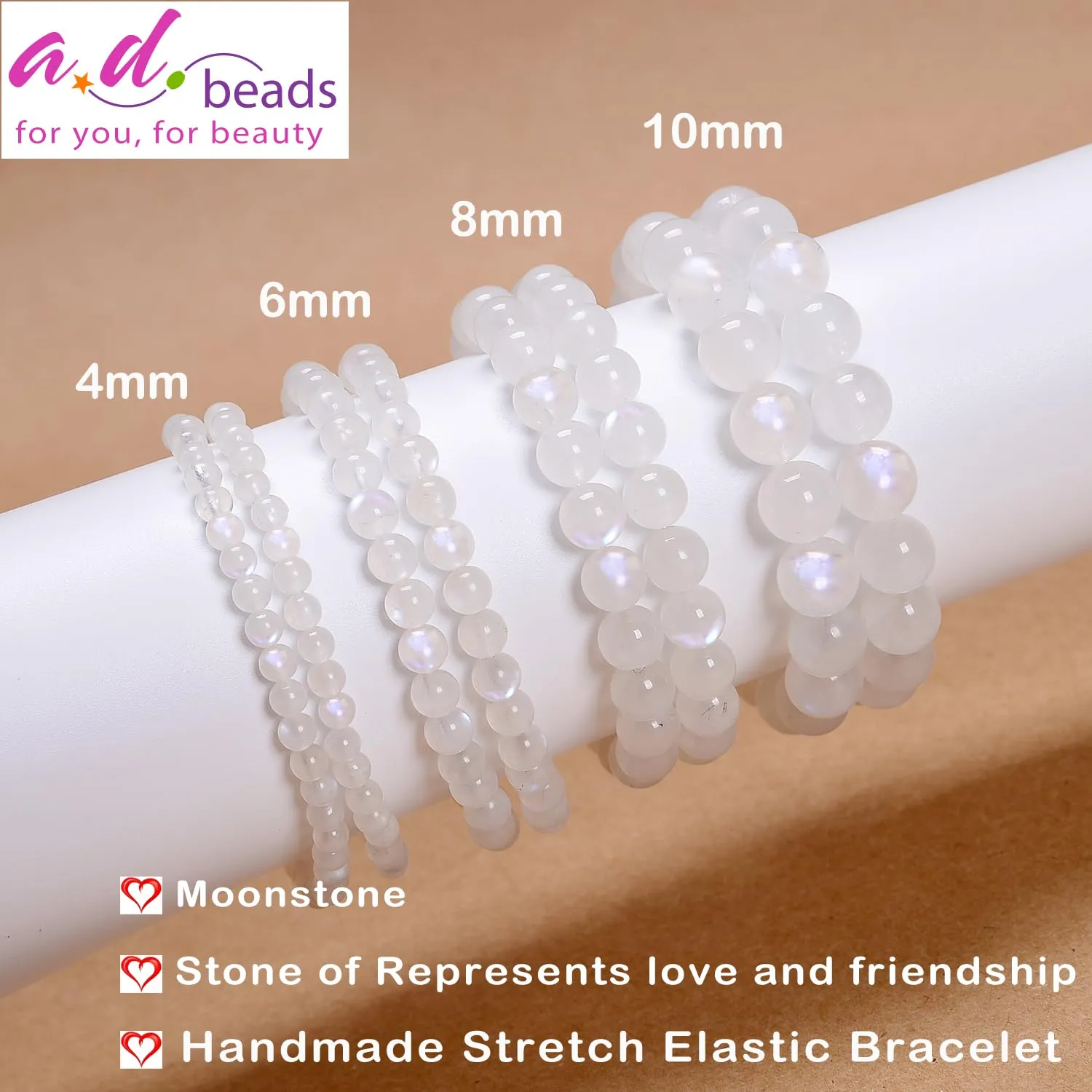 AD Beads Handmade Gemstone Stretch Elastic Bracelet Crystal Healing Reiki Nature's Beauty and Spiritual Essence Unisex (10mm, Moonstone (love and friendship))
