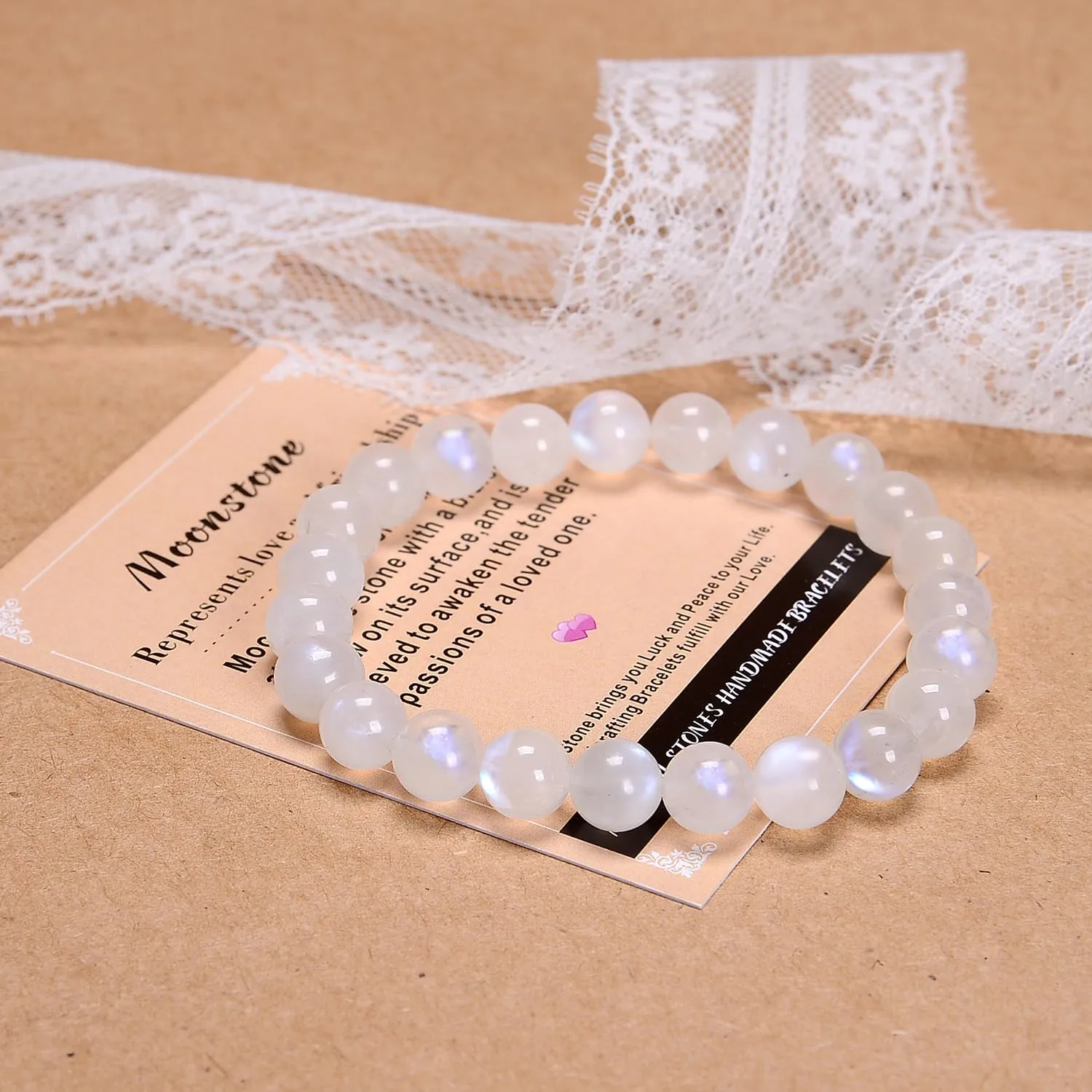 AD Beads Handmade Gemstone Stretch Elastic Bracelet Crystal Healing Reiki Nature's Beauty and Spiritual Essence Unisex (10mm, Moonstone (love and friendship))