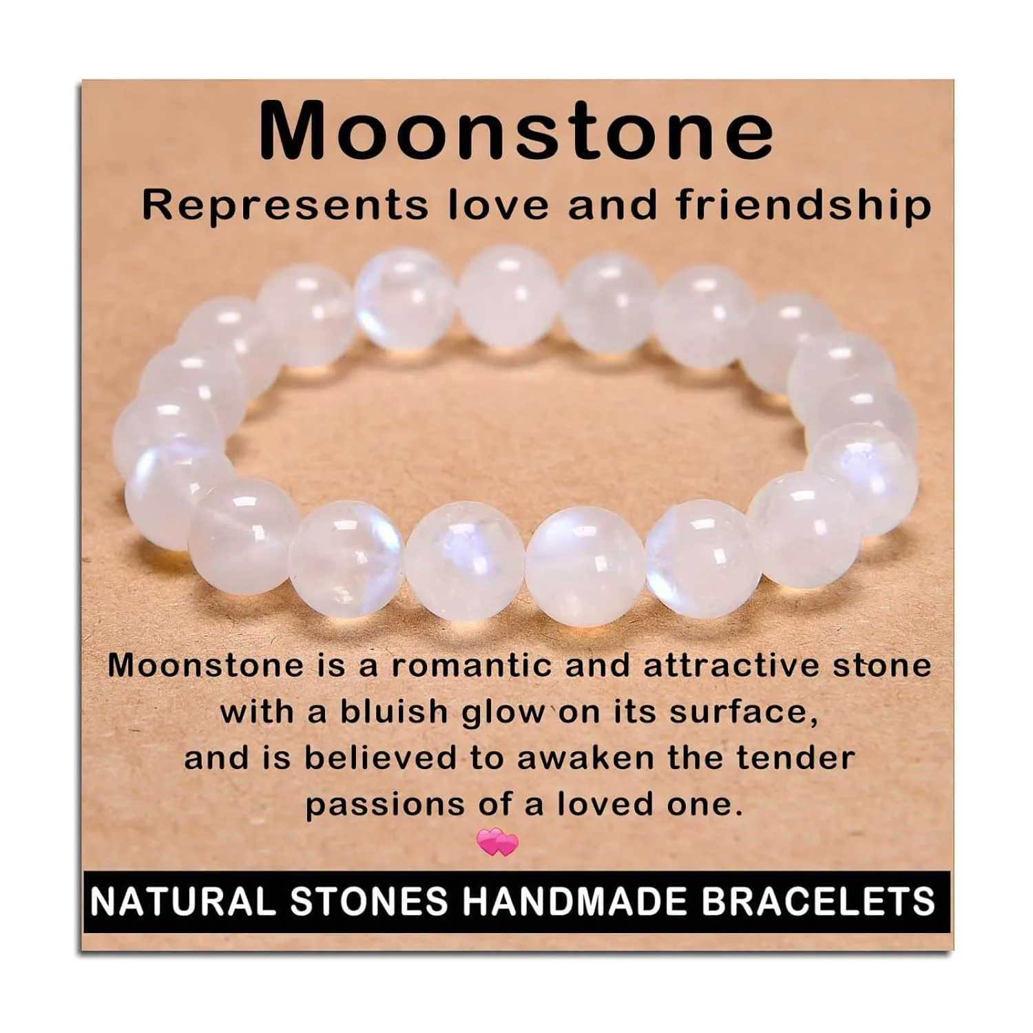 AD Beads Handmade Gemstone Stretch Elastic Bracelet Crystal Healing Reiki Nature's Beauty and Spiritual Essence Unisex (10mm, Moonstone (love and friendship))