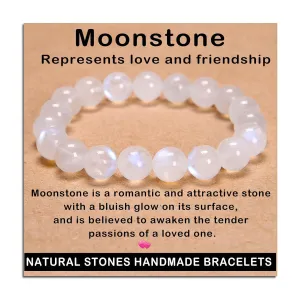 AD Beads Handmade Gemstone Stretch Elastic Bracelet Crystal Healing Reiki Nature's Beauty and Spiritual Essence Unisex (10mm, Moonstone (love and friendship))
