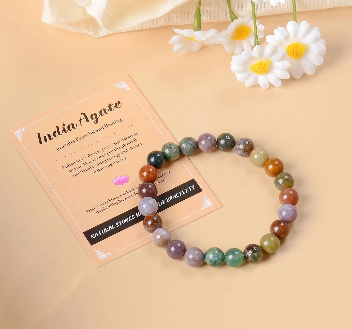 AD Beads Handmade Gemstone Stretch Elastic Bracelet Crystal Healing Reiki Nature's Beauty and Spiritual Essence Unisex (4mm, Indian Agate)