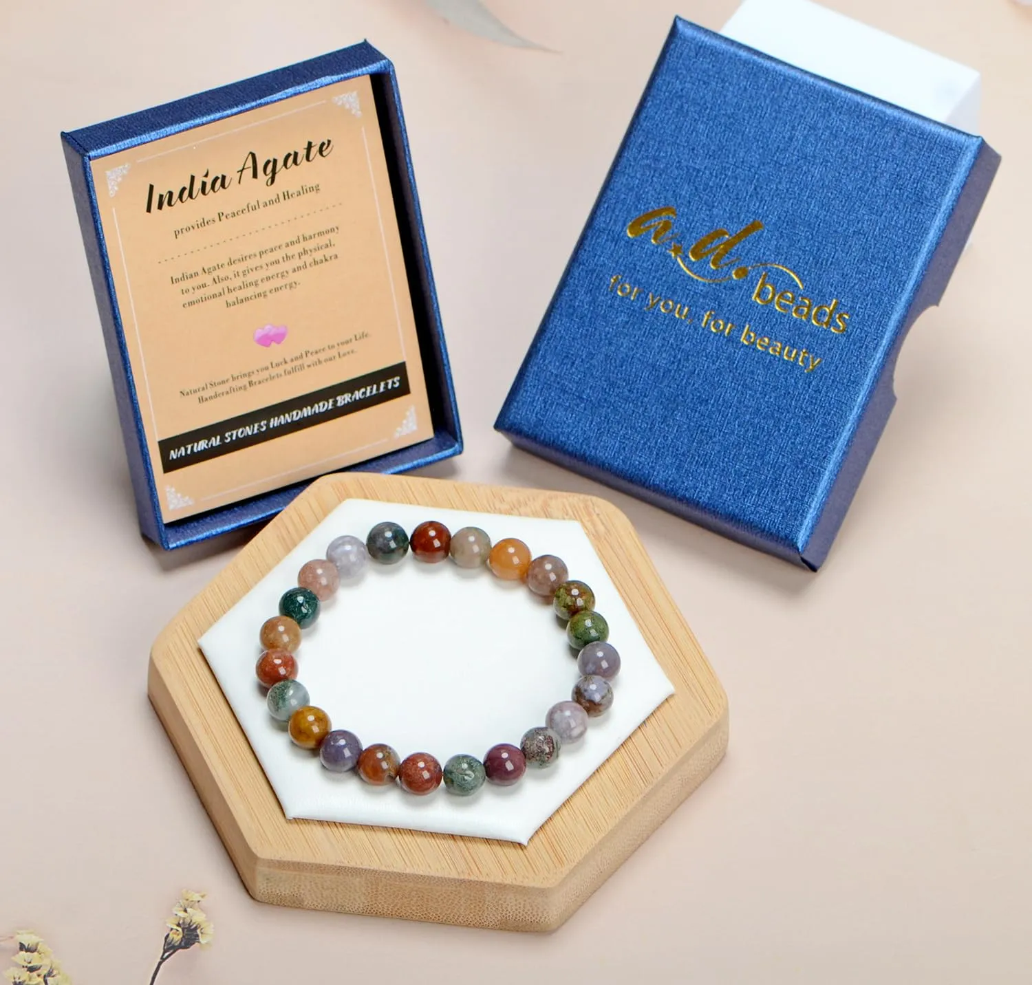 AD Beads Handmade Gemstone Stretch Elastic Bracelet Crystal Healing Reiki Nature's Beauty and Spiritual Essence Unisex (4mm, Indian Agate)