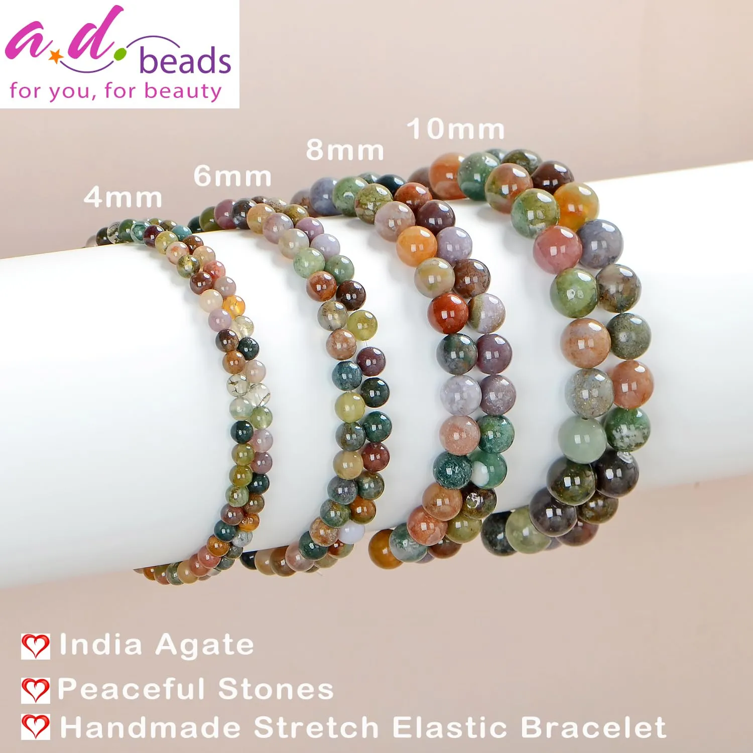 AD Beads Handmade Gemstone Stretch Elastic Bracelet Crystal Healing Reiki Nature's Beauty and Spiritual Essence Unisex (4mm, Indian Agate)