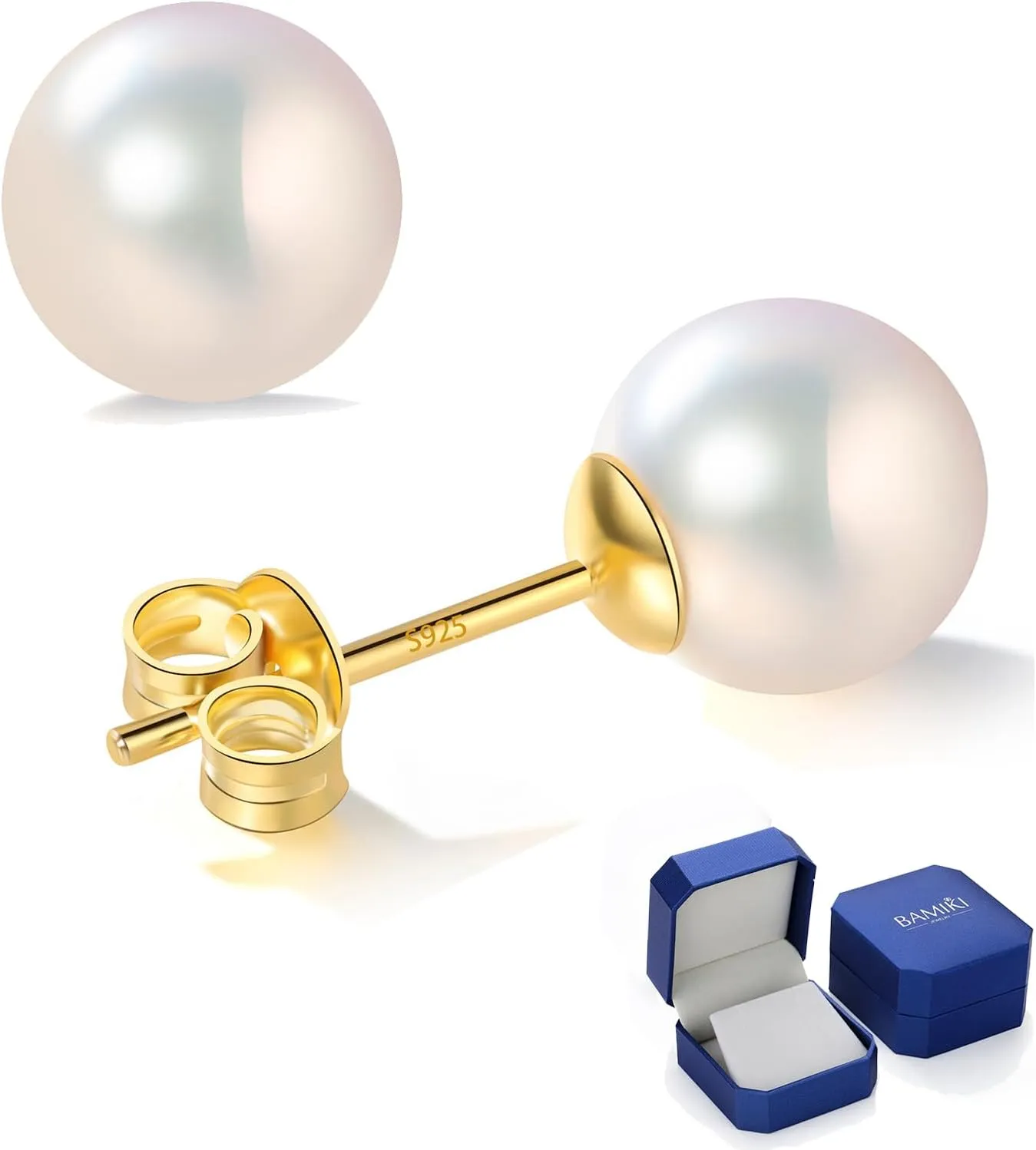 Akoya Cultured Pearl Earrings Round  925 Sterling Silver Hypoallergenic Pearl Studs for Women
