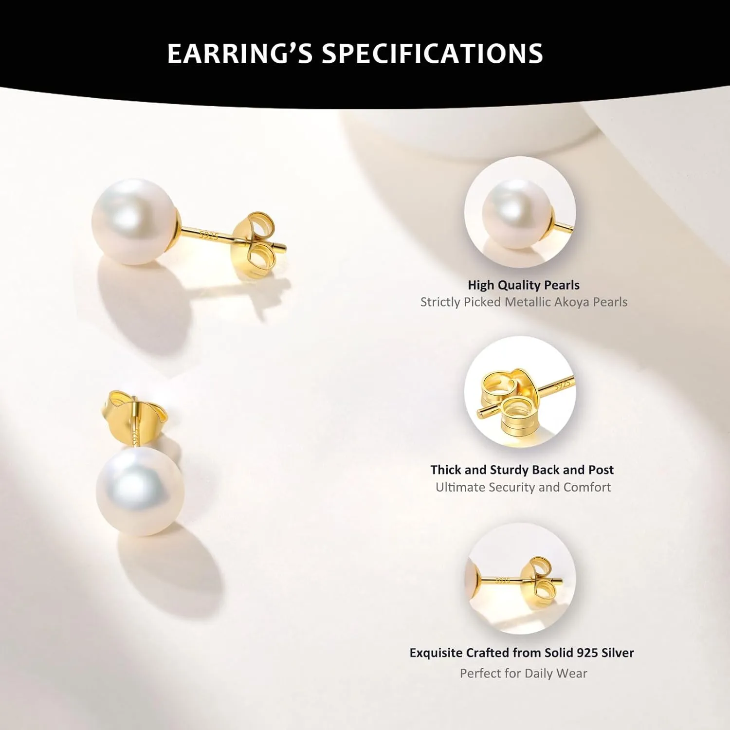 Akoya Cultured Pearl Earrings Round  925 Sterling Silver Hypoallergenic Pearl Studs for Women