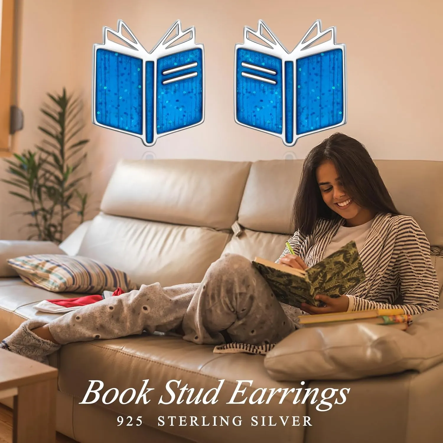 Alphm 925 Sterling Silver Book Stud Earrings for Women Cute Librarian Book Jewelry Present for Librarians Reading Lovers