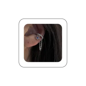 Andelaisi Boho Sapphire Star Ear Cuff Earrings Vintage Crystal Cuff Chain Earrings Silver Starburst Clip Cuff Earrings CZ Tassel Cartilage Clip Earrings Jewelry for Women