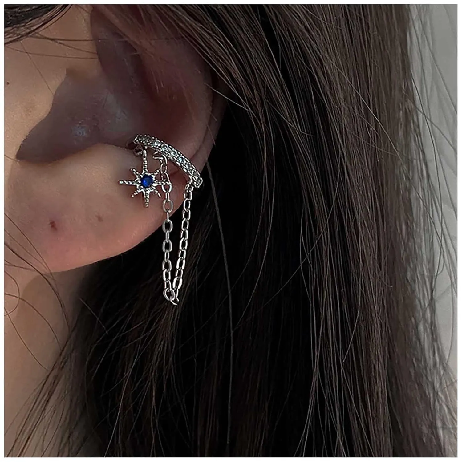 Andelaisi Boho Sapphire Star Ear Cuff Earrings Vintage Crystal Cuff Chain Earrings Silver Starburst Clip Cuff Earrings CZ Tassel Cartilage Clip Earrings Jewelry for Women
