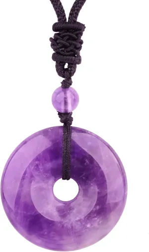 ASGIFT Lucky Coin Crystal Necklace 30mm Round Donut Natural Quartz Protection Pendant with Adjustable Rope Reiki Healing Crystal Stone Spiritual Necklaces for Men Women