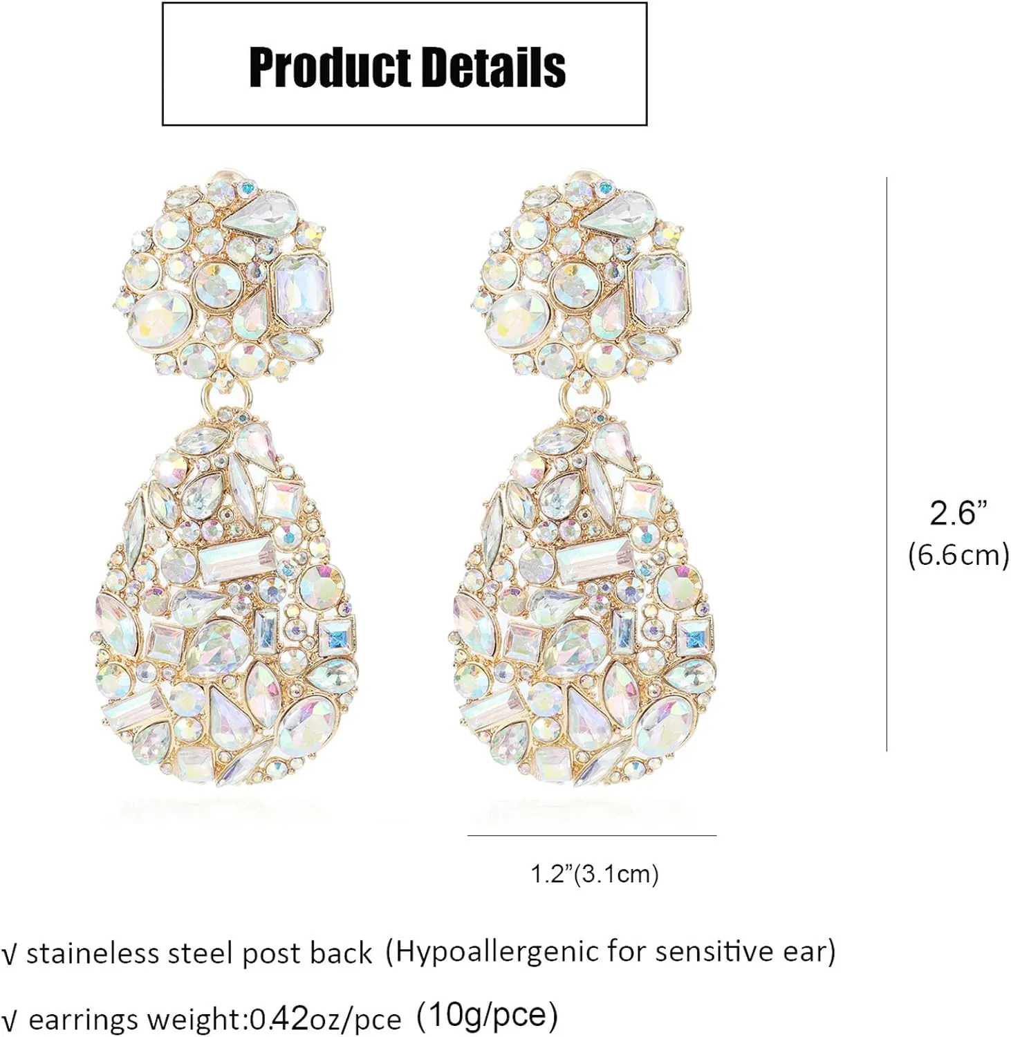 ATIMIGO Rhinestone Teardrop Dangle Earrings Trendy Crystal Drop Statement Earrings hypoallergenic Chandelier Fashion Earrings for Women
