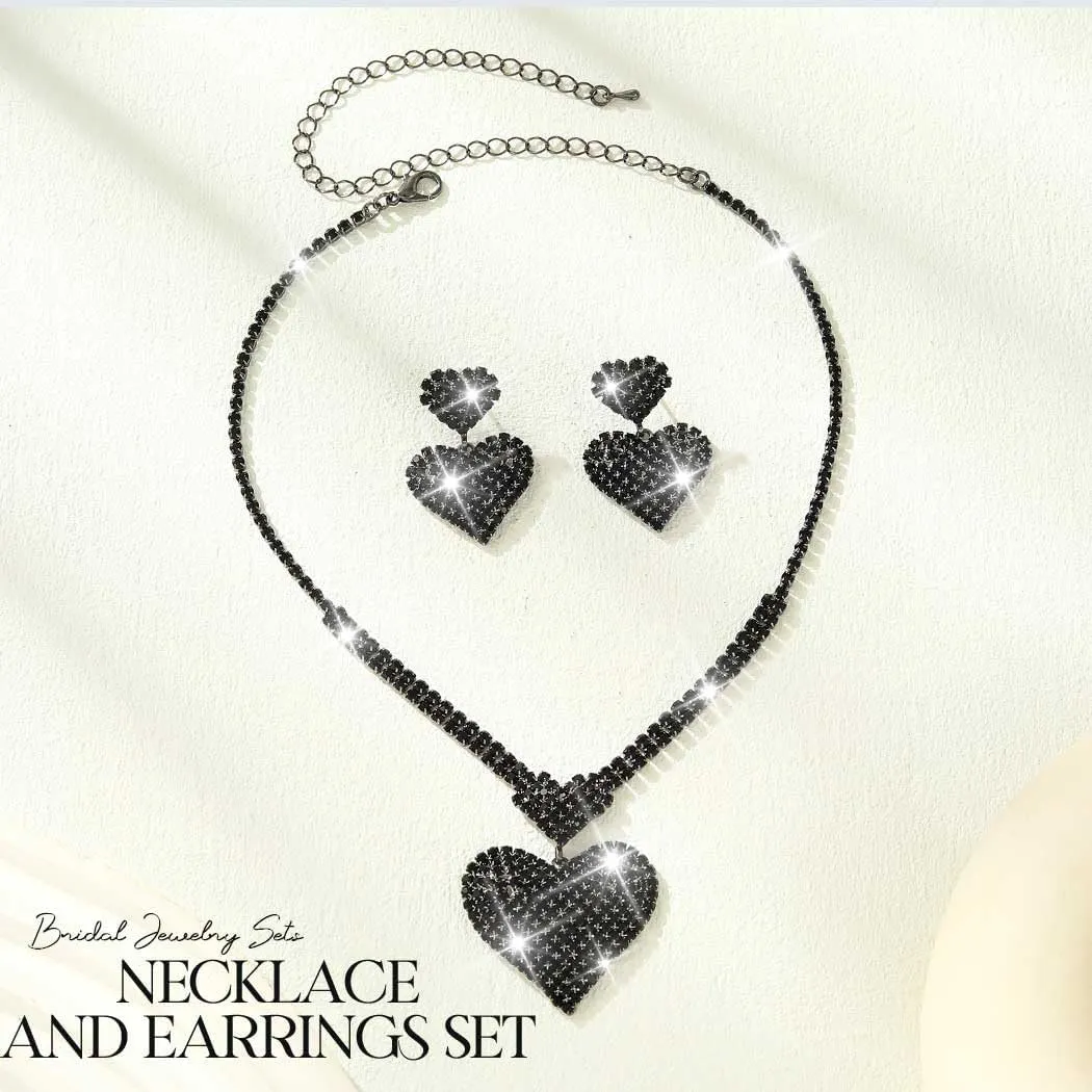 Aukmla Rhinestone Wedding Jewelry Set Silver Heart Necklace Earring Sets Prom Jewelry for Women and Brides