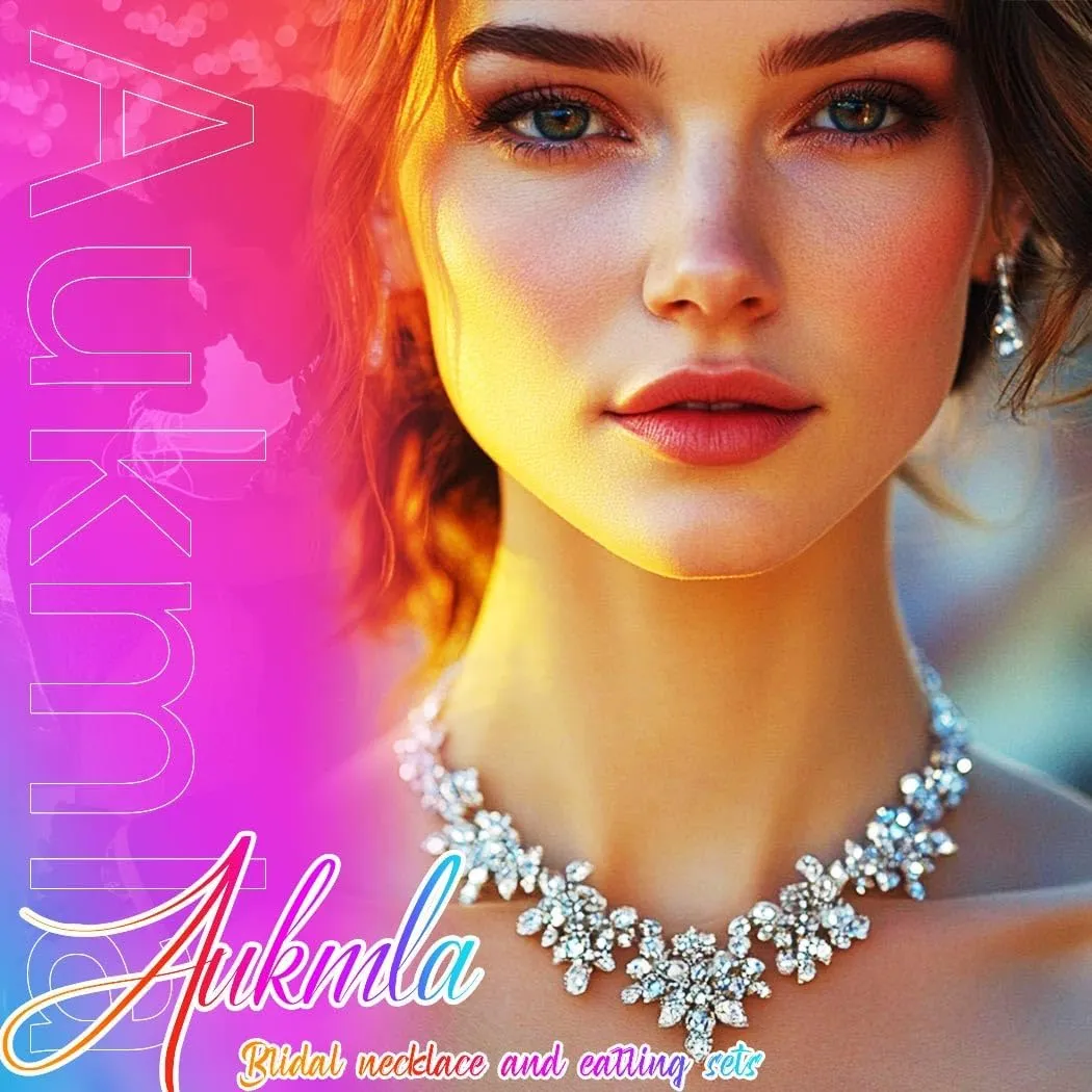 Aukmla Rhinestones Bridal Jewelry Set Silver Sparkly Bride Wedding Necklace Earrings Bracelet Sets Prom Jewelry for Women