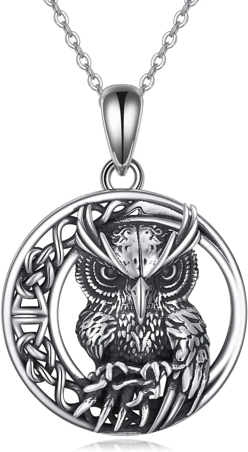 AXELUNA Owl Necklaces Sterling Silver Celtic Knot Moon With Owl Pendant Necklace for Women Jewelry