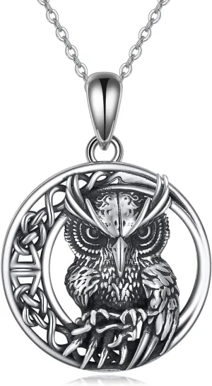 AXELUNA Owl Necklaces Sterling Silver Celtic Knot Moon With Owl Pendant Necklace for Women Jewelry