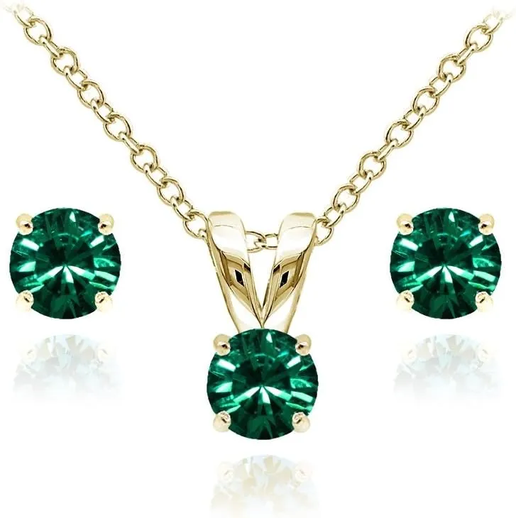 B. BRILLIANT Small Necklace and Earrings Set in Yellow Gold Flashed Sterling Silver Dainty Crystal Solitaire Pendant & Earring Birthstone Jewelry Set for Women Bridesmaids