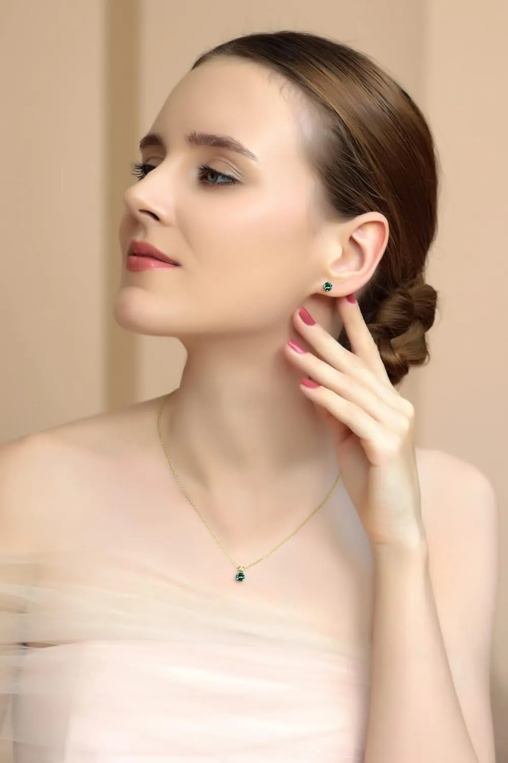 B. BRILLIANT Small Necklace and Earrings Set in Yellow Gold Flashed Sterling Silver Dainty Crystal Solitaire Pendant & Earring Birthstone Jewelry Set for Women Bridesmaids