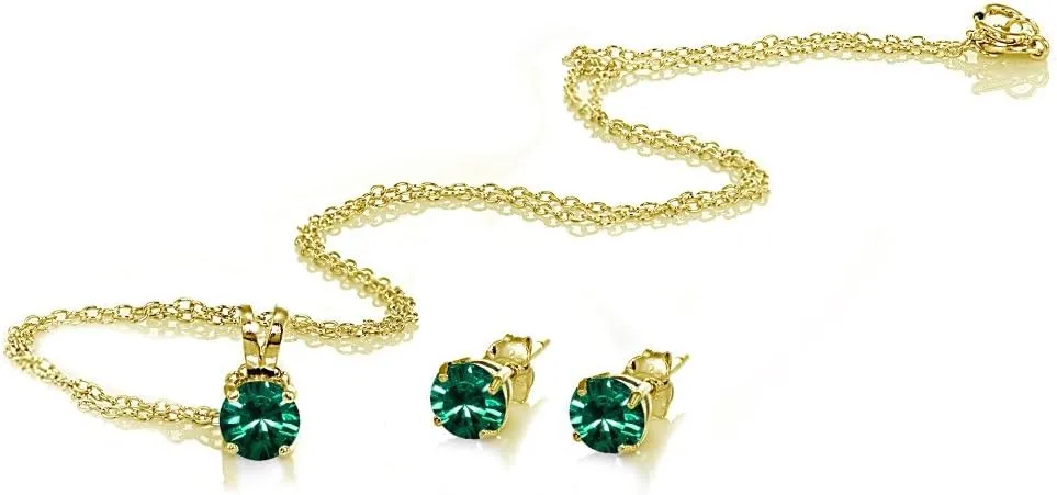 B. BRILLIANT Small Necklace and Earrings Set in Yellow Gold Flashed Sterling Silver Dainty Crystal Solitaire Pendant & Earring Birthstone Jewelry Set for Women Bridesmaids