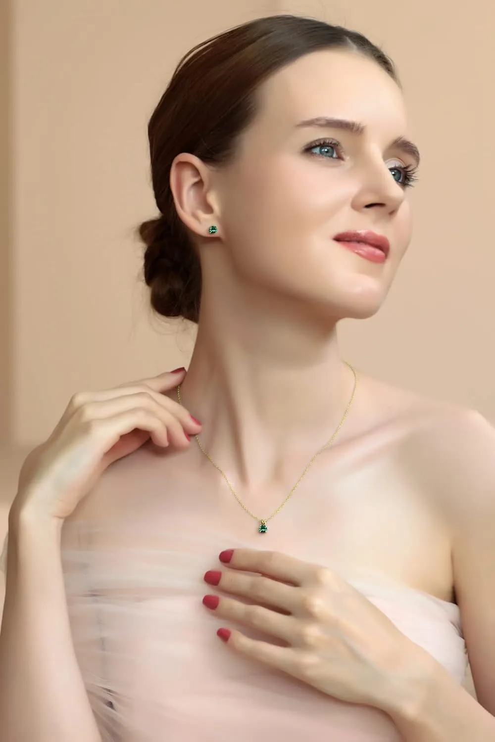 B. BRILLIANT Small Necklace and Earrings Set in Yellow Gold Flashed Sterling Silver Dainty Crystal Solitaire Pendant & Earring Birthstone Jewelry Set for Women Bridesmaids