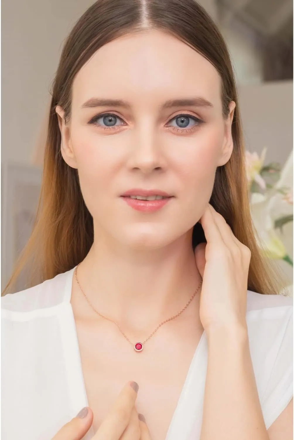 B. BRILLIANT Sterling Silver 7mm Round Bezel Set Genuine Simulated Gemstone Solitaire Pendant Dainty Choker Necklace for Women Jewelry Gift Box