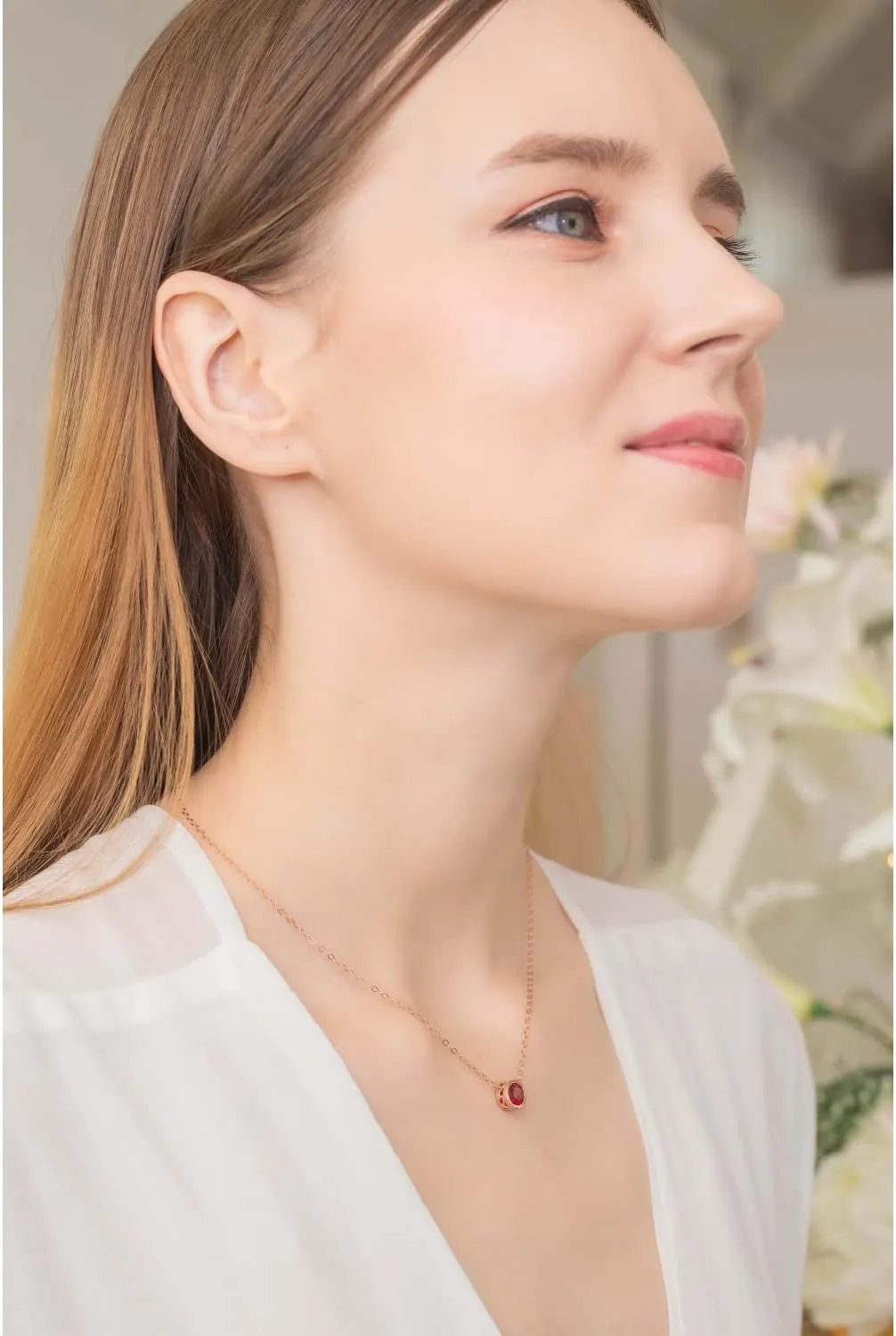 B. BRILLIANT Sterling Silver 7mm Round Bezel Set Genuine Simulated Gemstone Solitaire Pendant Dainty Choker Necklace for Women Jewelry Gift Box