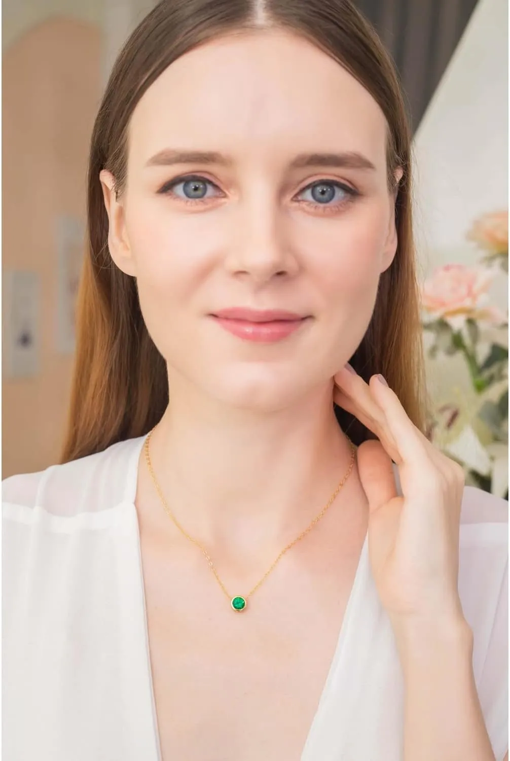 B. BRILLIANT Sterling Silver 7mm Round Bezel Set Genuine Simulated Gemstone Solitaire Pendant Dainty Choker Necklace for Women Jewelry Gift Box
