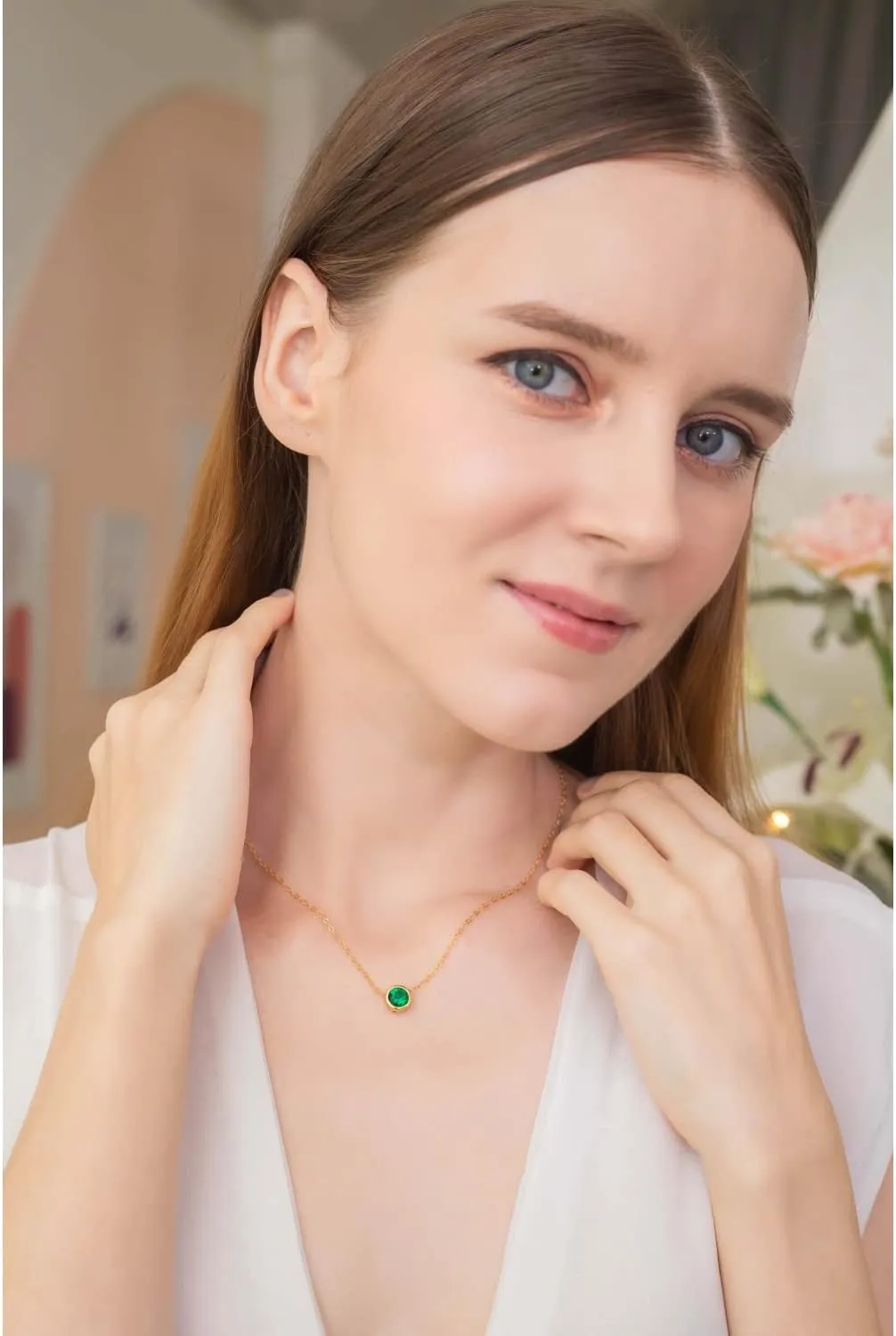B. BRILLIANT Sterling Silver 7mm Round Bezel Set Genuine Simulated Gemstone Solitaire Pendant Dainty Choker Necklace for Women Jewelry Gift Box