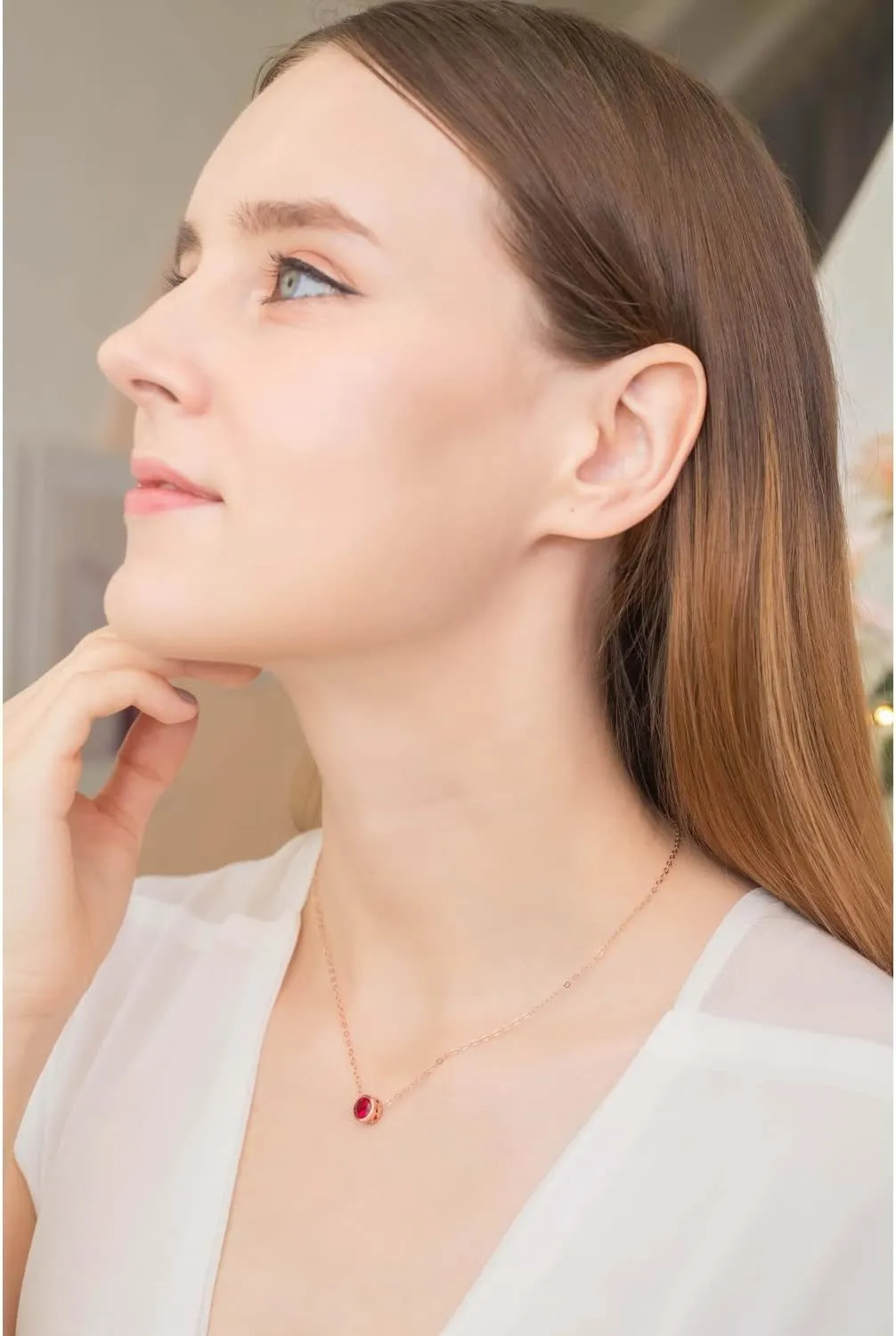 B. BRILLIANT Sterling Silver 7mm Round Bezel Set Genuine Simulated Gemstone Solitaire Pendant Dainty Choker Necklace for Women Jewelry Gift Box