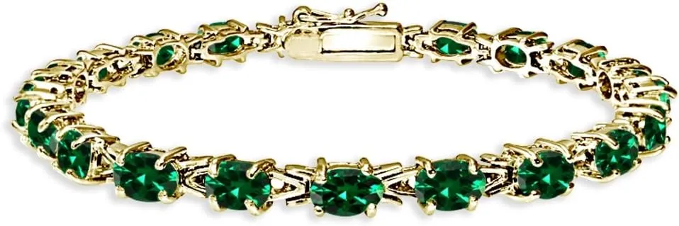 B. BRILLIANT Sterling Silver Genuine, Created or Simulated Gemstone 6x4mm Oval Link Tennis Bracelet for Women