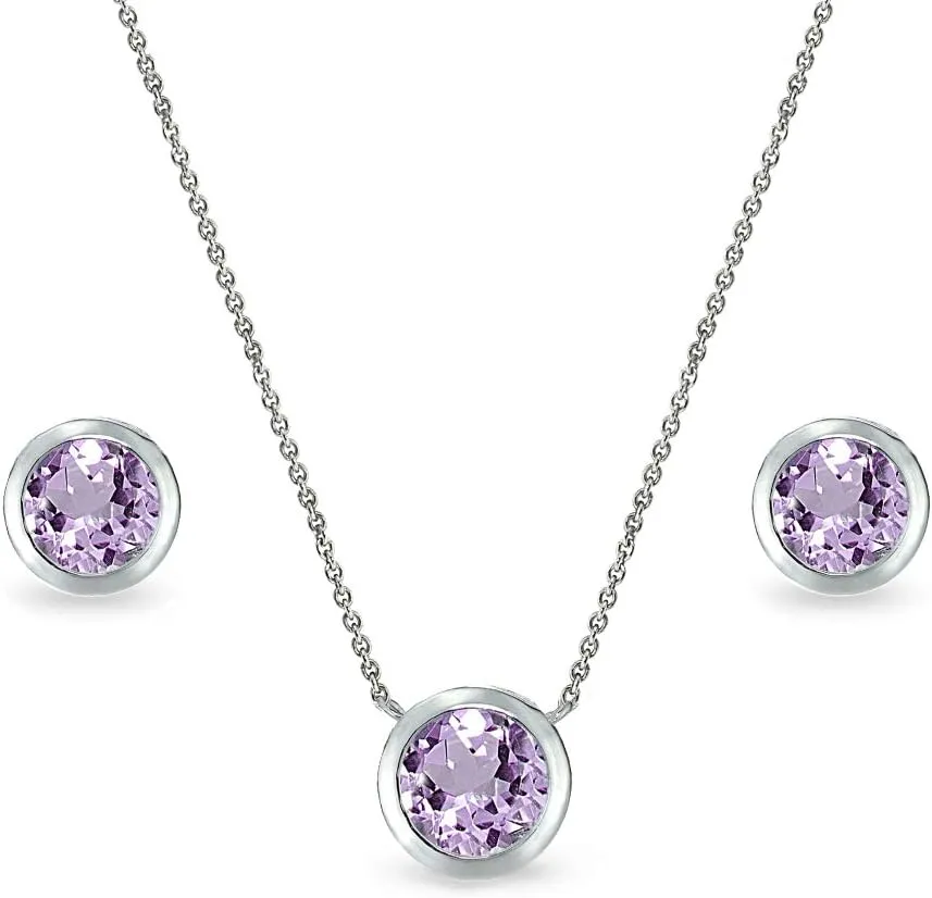 B. BRILLIANT Sterling Silver Genuine or Synthetic Bezel-set Gemstone 7mm Round Small Necklace & Stud Earrings Set
