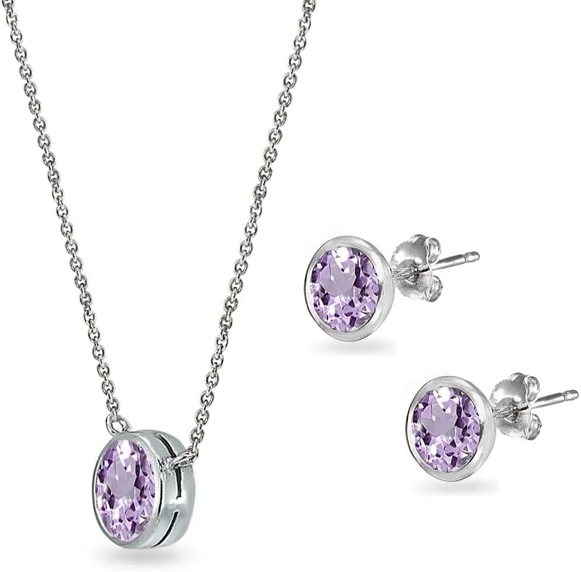 B. BRILLIANT Sterling Silver Genuine or Synthetic Bezel-set Gemstone 7mm Round Small Necklace & Stud Earrings Set