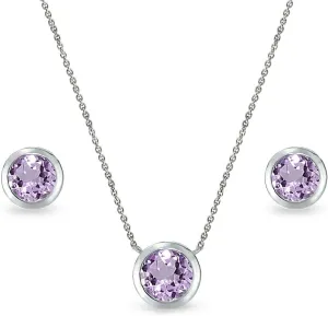 B. BRILLIANT Sterling Silver Genuine or Synthetic Bezel-set Gemstone 7mm Round Small Necklace & Stud Earrings Set