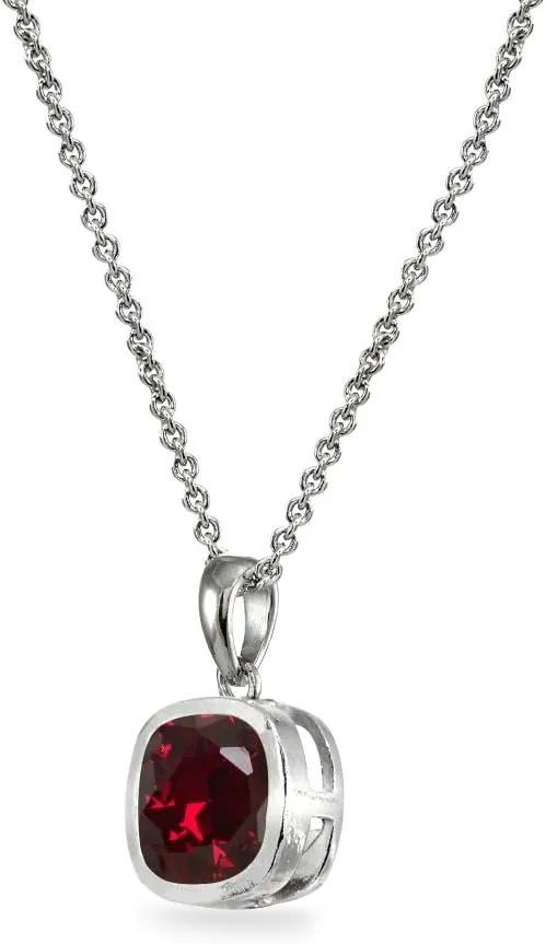B. BRILLIANT Sterling Silver Genuine or Synthetic Gemstone 7mm Cushion-Cut Bezel-Set Dainty Pendant Necklace