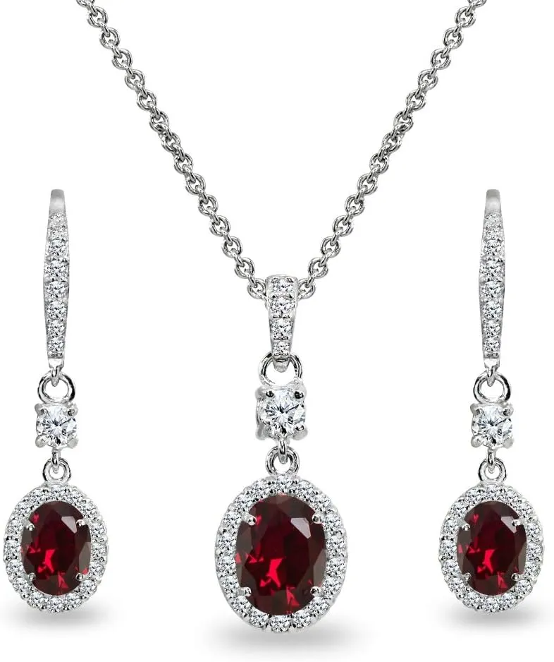 B. BRILLIANT Sterling Silver Genuine or Synthetic Gemstone Oval Halo Pendant Necklace & Dangle Earrings Jewelry Set for Women with Box