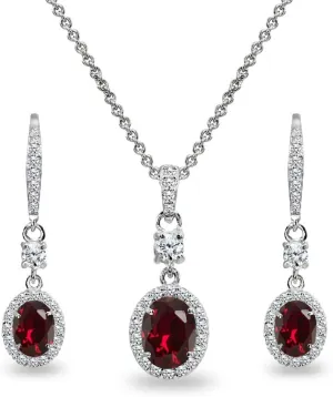 B. BRILLIANT Sterling Silver Genuine or Synthetic Gemstone Oval Halo Pendant Necklace & Dangle Earrings Jewelry Set for Women with Box