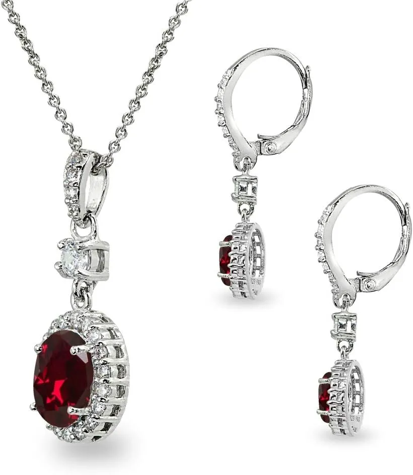 B. BRILLIANT Sterling Silver Genuine or Synthetic Gemstone Oval Halo Pendant Necklace & Dangle Earrings Jewelry Set for Women with Box