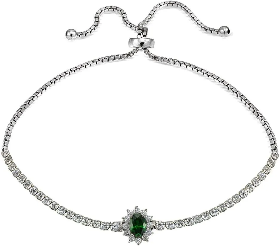 B. BRILLIANT Sterling Silver Simulated Gemstone Sun Flower Tennis Bolo Adjustable Stack Bracelet for Women