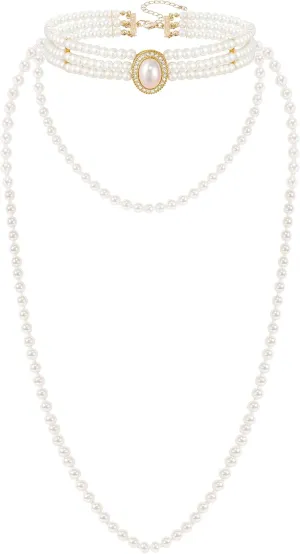 BABEYOND Long Pearl Choker Necklace - Faux Pearl Chain Necklace Pearl Jewelry Set for Women 20s Flapper Accessories