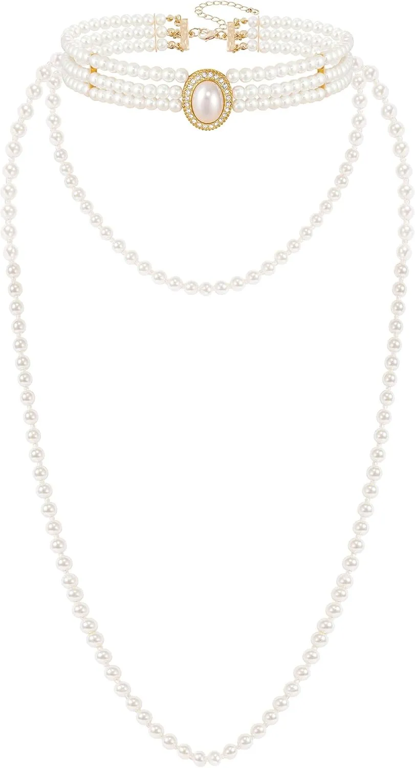 BABEYOND Long Pearl Choker Necklace - Faux Pearl Chain Necklace Pearl Jewelry Set for Women 20s Flapper Accessories